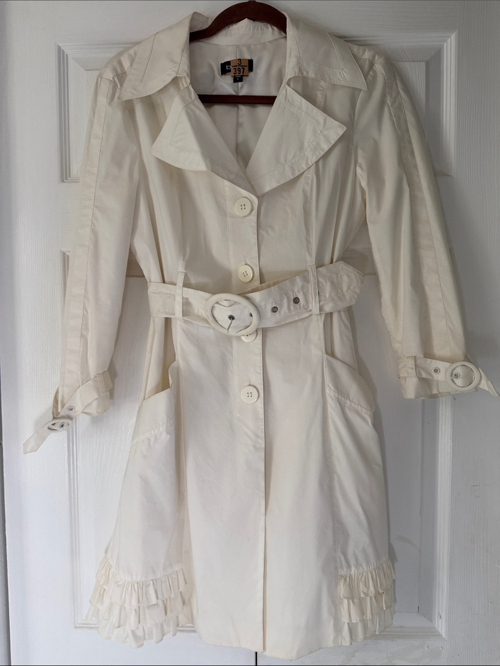 bebe Cream Trench Coat with Belt & Ruffle Hem